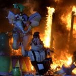 "Ninots" burn on the last night of the Fallas festival in Valencia on March 19th, 2016. Fallas are gigantic structures made of cardboard portraying current events and personalities in which individual figures called "ninots" are placed.Photo: José Jordan/AFP
