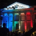 Spain's parliament building lit up in rainbow colours for Pride 2016. Photo: Sara Houlison