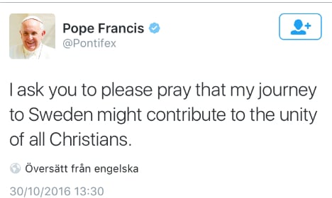 Pope tweets ‘unity’ message ahead of Sweden visit