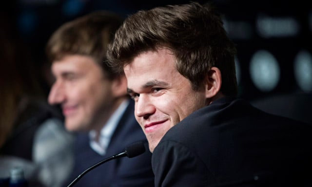 Norway's chess champ Carlsen pulls even with Russian grandmaster