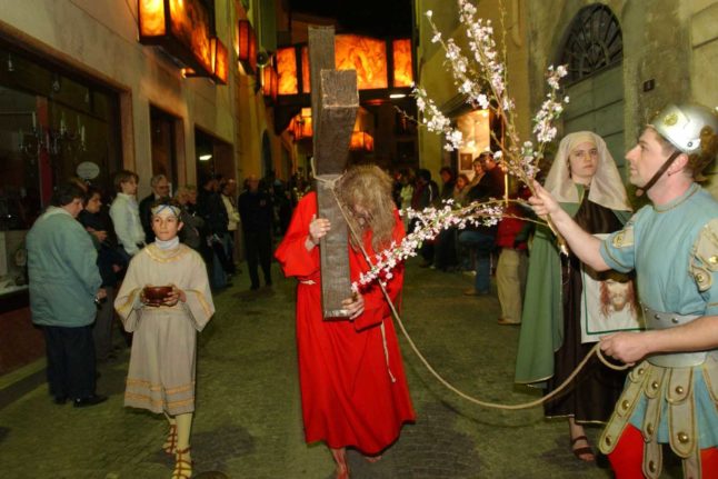 Participants perform the historical Maundy Thursday Procession (or "Ceremony of the Judeans", as it is known locally) in Mendrisio Photo: RETO ALBERTALLI / AFP