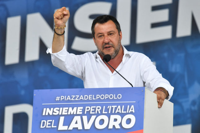 Salvini delivers a speech on stage during a united rally with the Brothers of Italy and Forza Italia parties on July 4, 2020 in Rome.