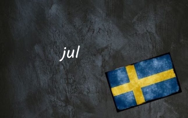 the word jul on a black background by a swedish flag