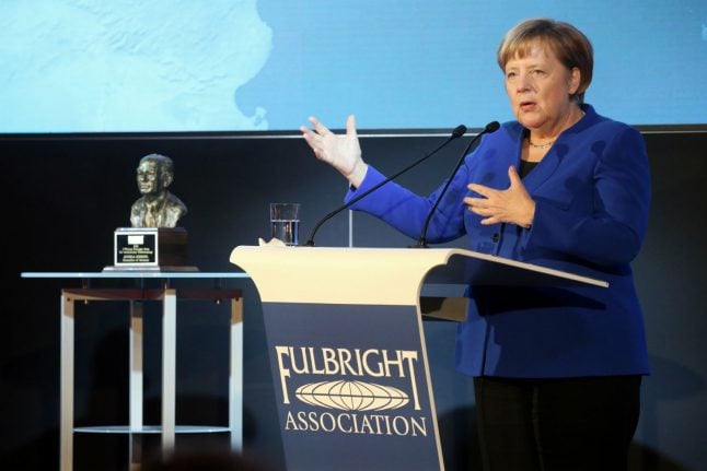 Merkel warns against nationalism in Fulbright Prize acceptance speech