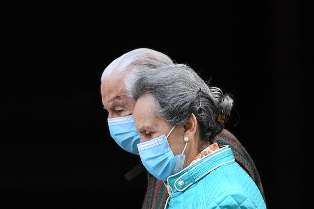 Elderly couple wearing masks