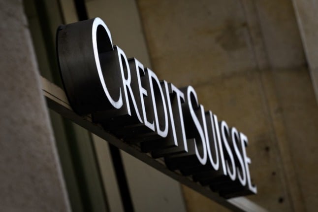 A sign of Swiss banking Credit Suisse is seen on a branch in Lausanne on April 6, 2021. . (Photo by FABRICE COFFRINI / AFP)