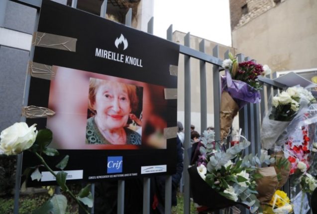 Flowers left in tribute to Mireille Knoll, 85, outside her home in Paros.