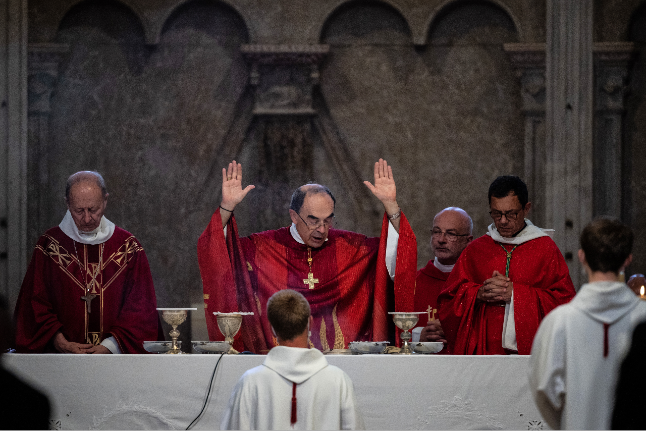 French archbishop Cardinal Philippe Barbarin leads his last mass,on June 28, 2020. Barbarin was released on appeal on January 30 for his silence on the sexual abuse of a priest, and resigned quickly afterwards.