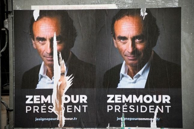 Placards in support to a candidacy of France's far-right media pundit Eric Zemmour in next year presidential elections in Paris.