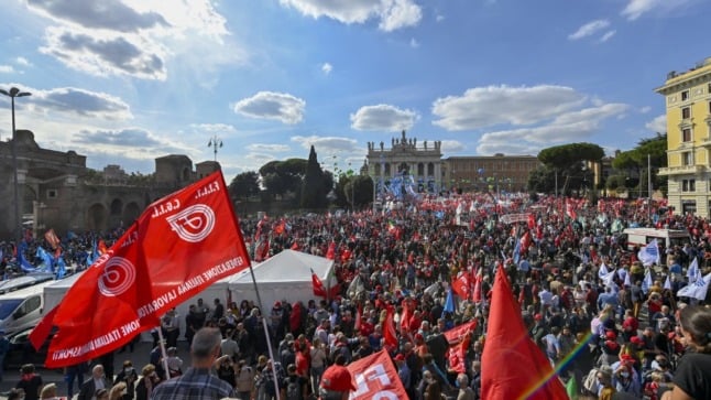 A general view shows people attending an anti-fascist rally called by Italian Labour unions CGIL, CISL and UIL at Piazza San Giovanni in Rome