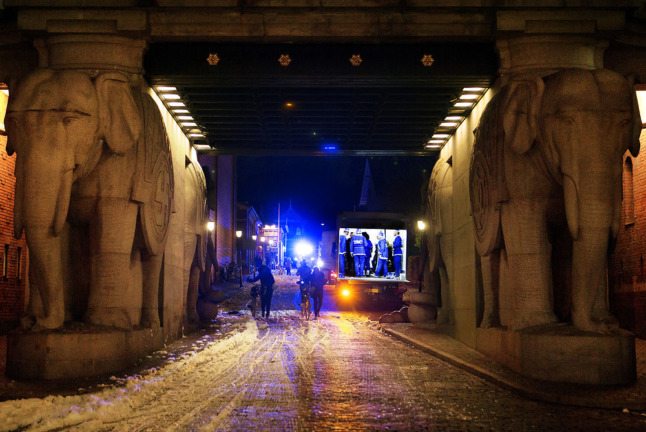 A truck with Tuborg Julebryg and people wearing blue elf costumes in Copenhagen's Carlsberg district in 2014. The Christmas beer is traditionally launched on the first Friday in November.