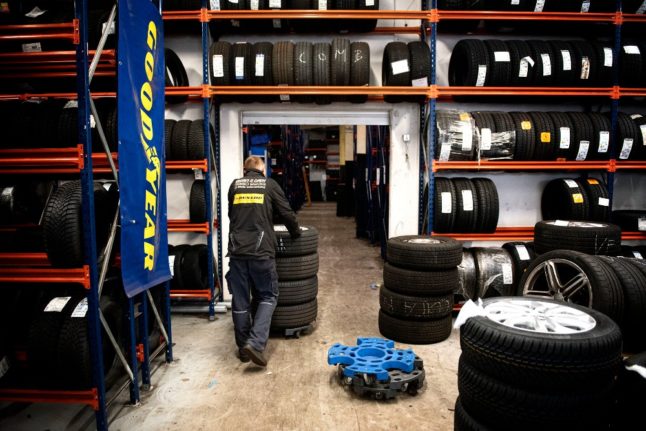 New winter tyres at a Danish workshop in 2019. Motorists in Denmark tend to switch tyres when the season changes in October.