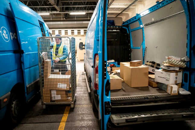 Loading at a Postnord depot in Denmark, December 2020. New post-Brexit rules will affect the sending of Christmas parcels between the UK and Denmark.