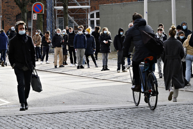 People queue for Covid-19 testing in Copenhagen in April this year. An increase in daily infections is projected towards the end of autumn. 