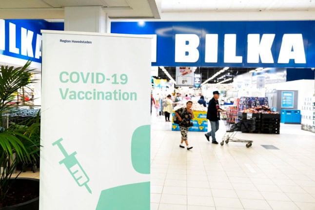 A pop-up vaccination centre in a Danish supermarket in September 2021. Denmark is to offer a third vaccine dose for people with mixed vaccine doses in an effort to meet all international travel rules.