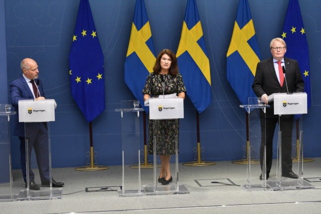 Swedish government ministers Morgan Johansson, Ann Linde and Peter Hultqvist