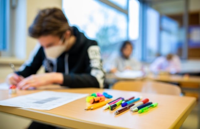 A pupils sits a desk at a school in Wedemark, Lower Saxony, earlier this year. 