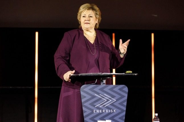 Erna Solberg pictured speaking at an event in 2020 has formally resigned as Prime Minister. 