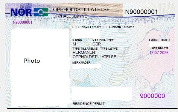 A sample version of the post-Brexit residence permit issued to UK nationals in Norway. Some Brits in Norway will need to get their post-Brexit residence cards updated. 