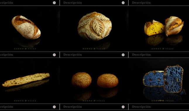 A screenshot from the website of El Horno de Vélez showing some of the 75 different types of bread that their award-winning baker produces