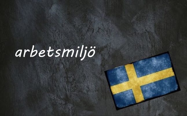 the word arbetsmiljö on a black background with swedish flag