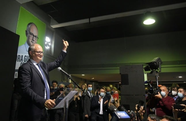 Roberto Gualtieri gestures during a press conference following the first results in the second round of the Rome mayoral election on October 18, 2021 in Rome.