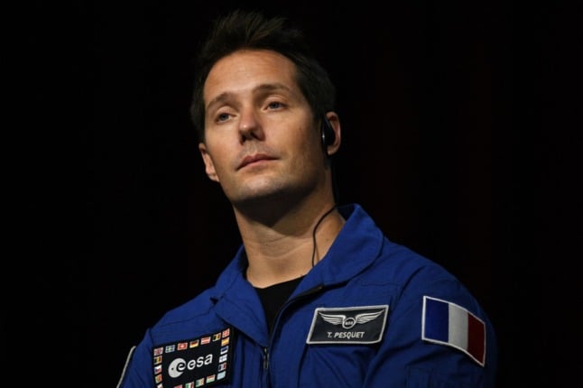 French astronaut Thomas Pesquet attends a 2018 conference dressed in European Space Agency uniform 
