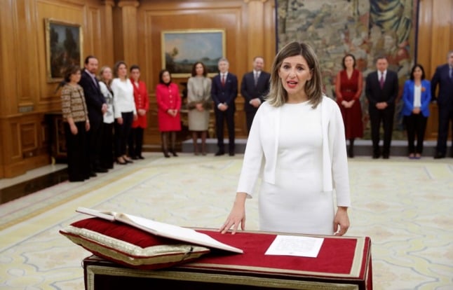 Spain's Minister of Labor, Yolanda Diaz, takes the oath of office. 