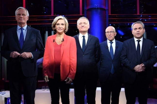 From left, candidates Michel Barnier, Valerie Pecresse, Philippe Juvin, Eric Ciotti and Xavier Bertrand 