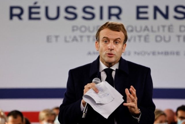 Emmanuel Macron gives  a speech