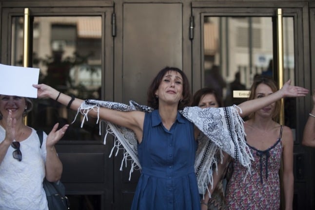 Spanish Juana Rivas reacts outside the Court of Granada in 2017 after she was provisionally released without bail. 