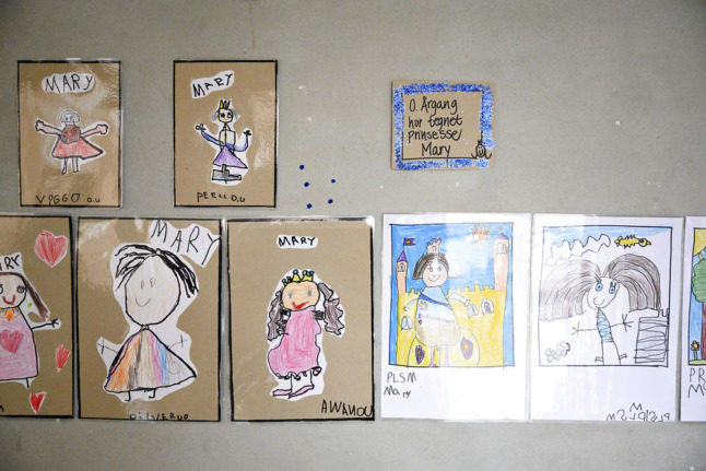 Drawings of Crown Princess Mary photographed during a visit by the princess to  Vigerslev Allés Skole in Copnehagen.