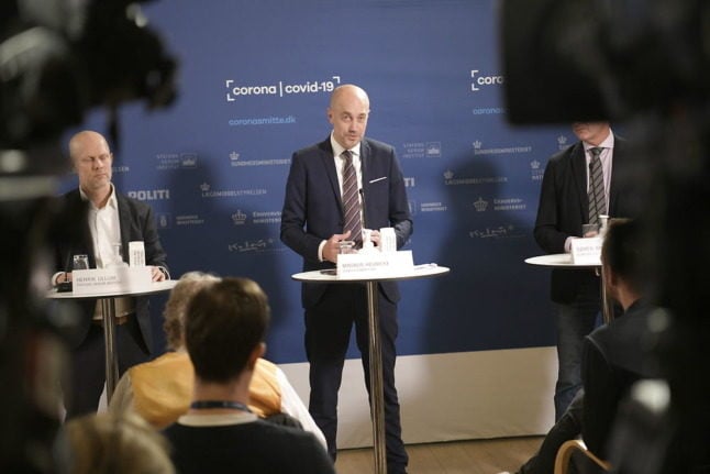 Danish health minister Magnus Heunicke briefs press on the plan to reintroduce facemask rules in response to a winter 2021 surge of Covid-19 cases.