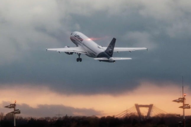 A Lufthansa plane taking off.