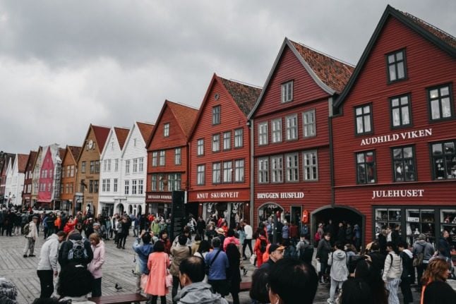 Pictured is a busy street along Bergen's harbour. 