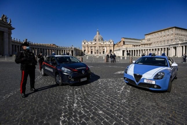 A Carabinieri and state police car at St. Peter's Square in The Vatican on March 28, 2021. Vincenzo 