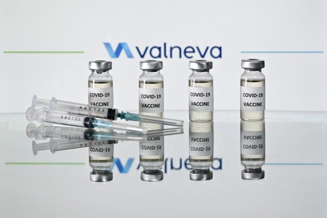 An illustration picture shows vaccines made by the French-Austrian biotech firm Valneva.