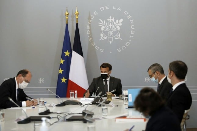 Jean Castex, Emmanuel Macron, Alexis Kohler and Olivier Veran