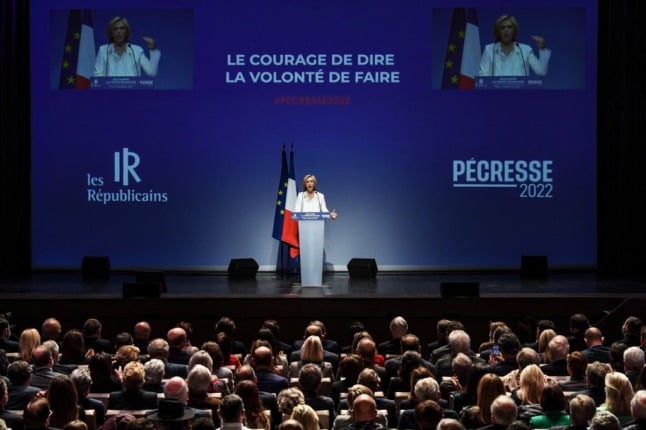 Les Republicains (LR) right-wing party's candidate for the 2022 presidential election Valerie Pecresse delivers a speech during a meeting