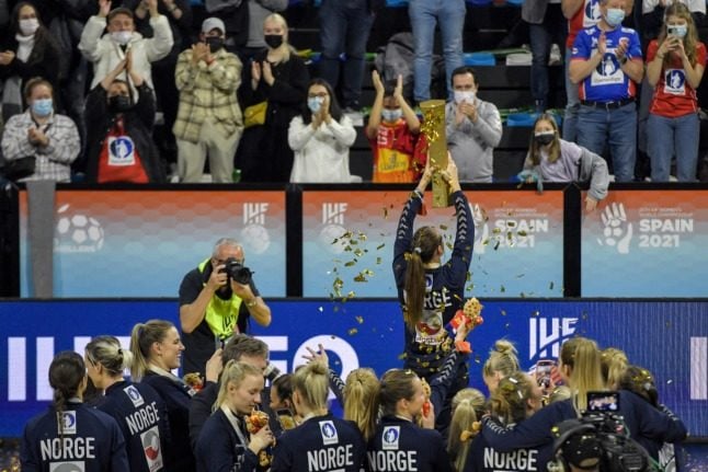 The Norwegian women's handball team celebrates after winning the World Championships in Spain on Sunday.