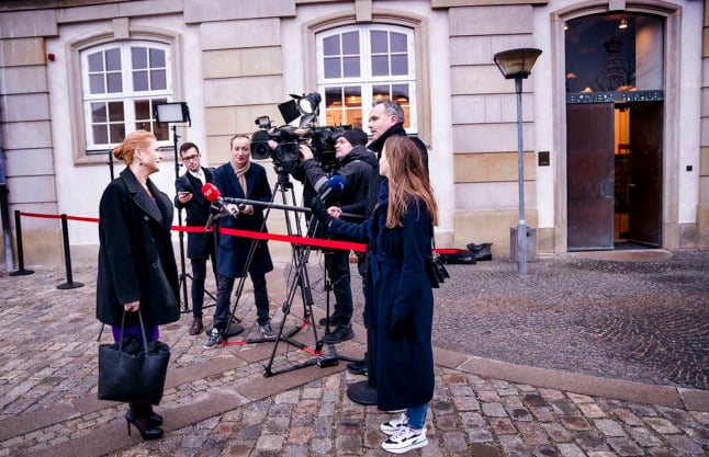 Inger Støjberg speaking to journalists in November, during her impeachment trial.