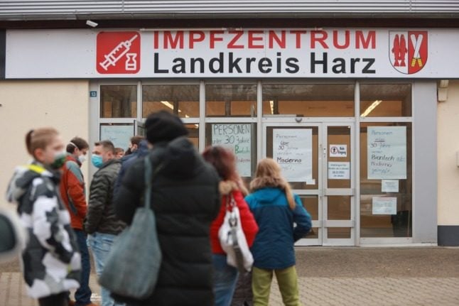 People queue at a vaccination centre in Quedlinburg, Saxony-Anhalt.