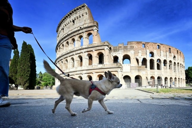 A woman walks her dog past the Colosseum in Rome on May 8, 2020.