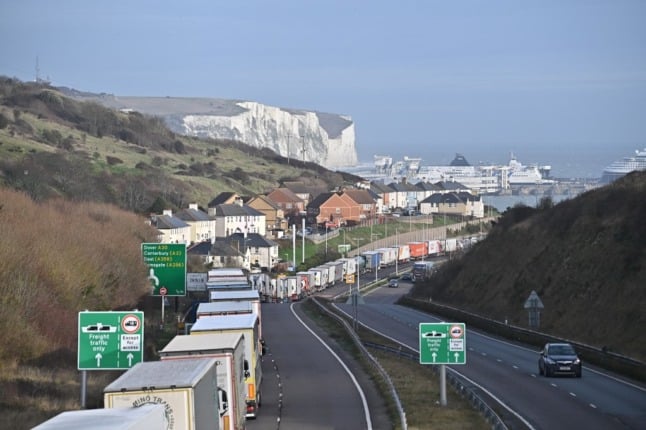 Lorries wait in Dover to cross the Channel to France. 