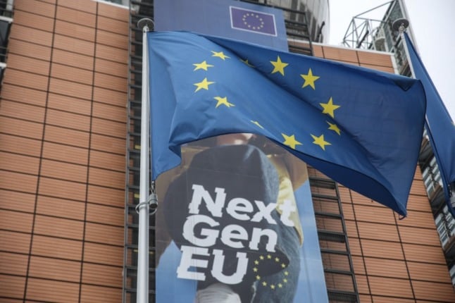 A banner publicising the 'Next Generation EU' campaign and with an EU flag