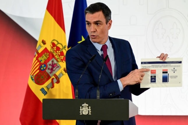 Spain's Prime Minister Pedro Sanchez presents a graph during an end-of-year press conference at La Moncloa Palace in Madrid, on December 29, 2021. (Photo by JAVIER SORIANO / AFP)