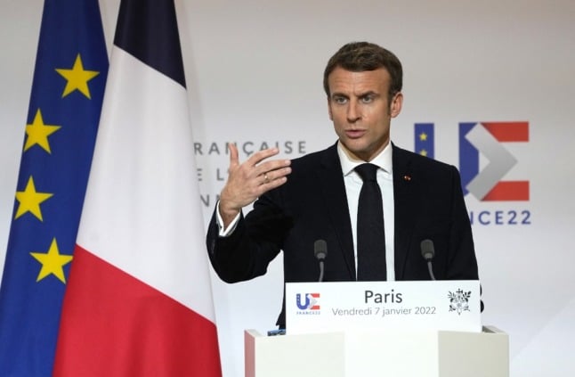French President Emmanuel Macron addresses journalists at the Elysée Palace.