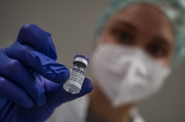 A vial of the Covid vaccine seen up close