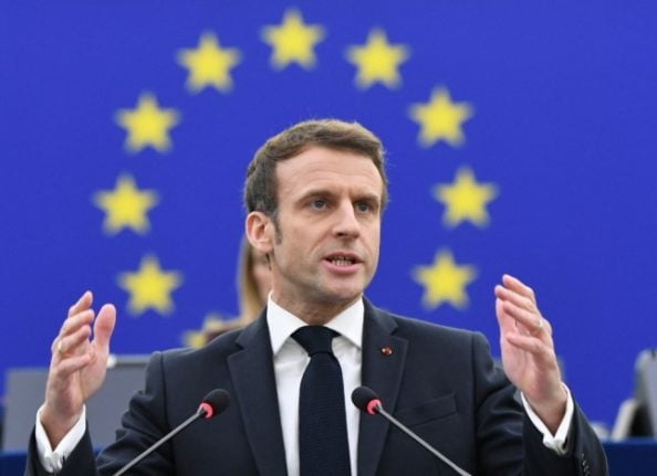 French President Emmanuel Macron addresses the EU parliament. 