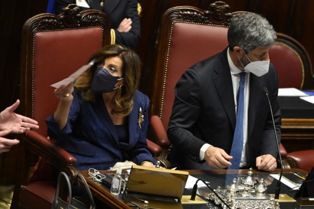 President of the Senate Maria Elisabetta Alberti Casellati (L) and President of the Chamber of Deputies Roberto Fico count ballots after a third round of voting for Italy's new president.